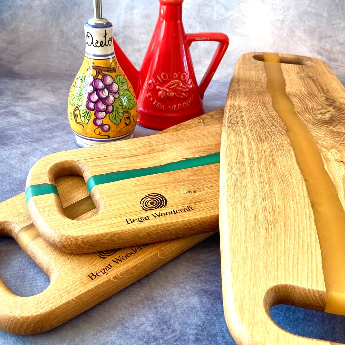 Oak charcuterie board with resin river group picture