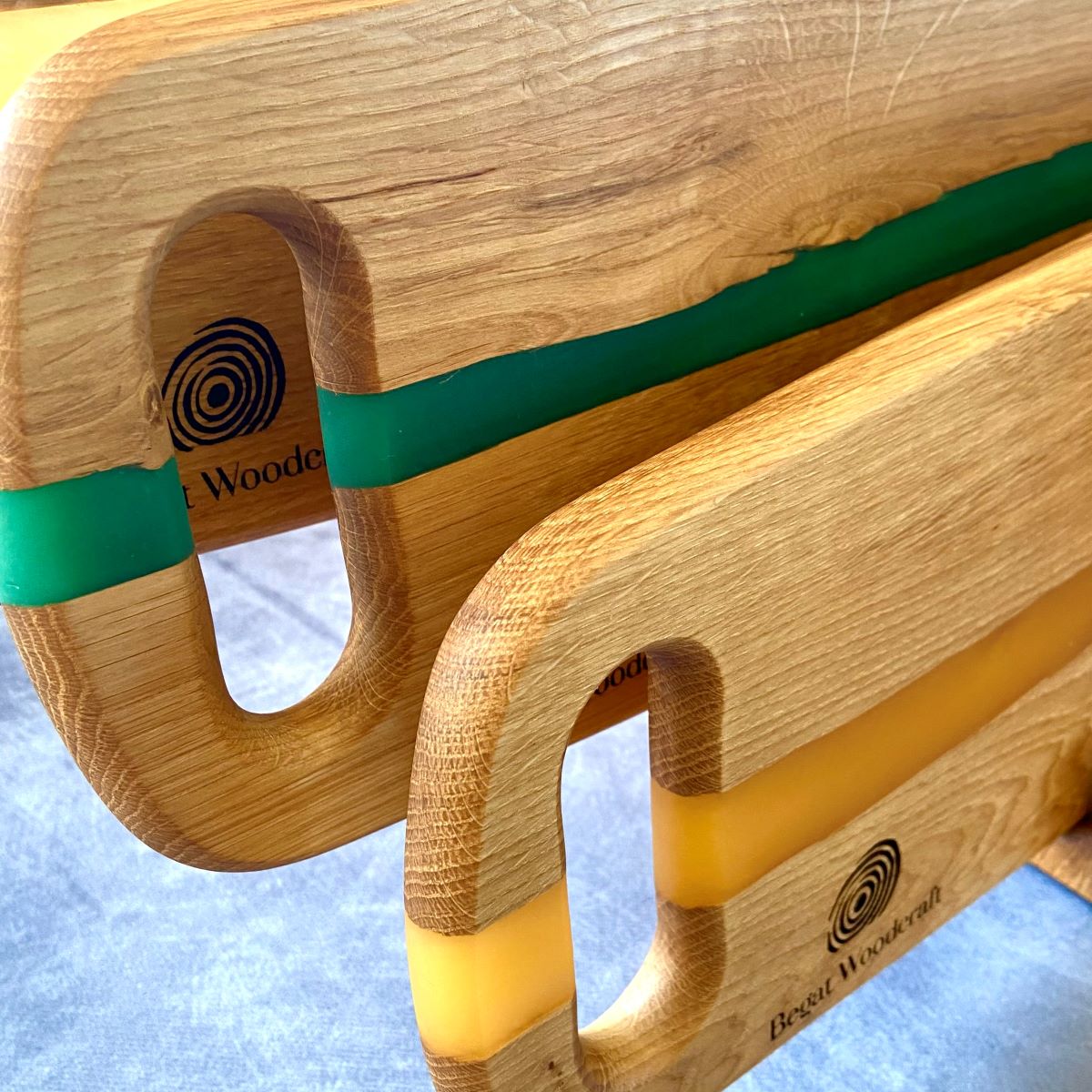 Oak charcuterie board with resin river end view