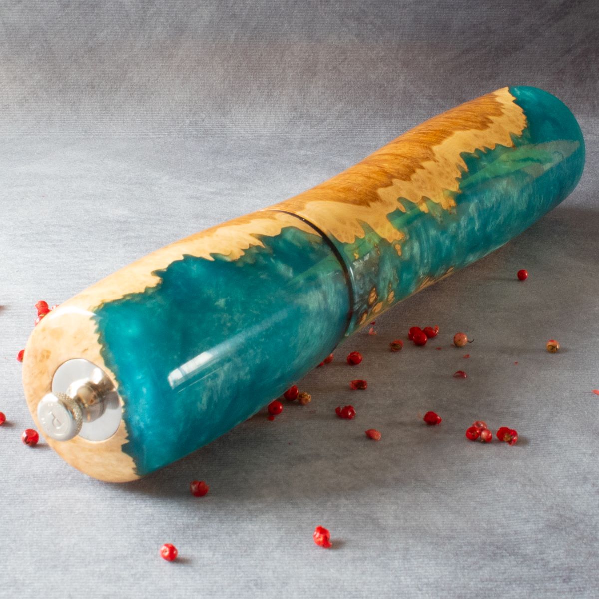 Top view of mallee and turquoise pepper mill