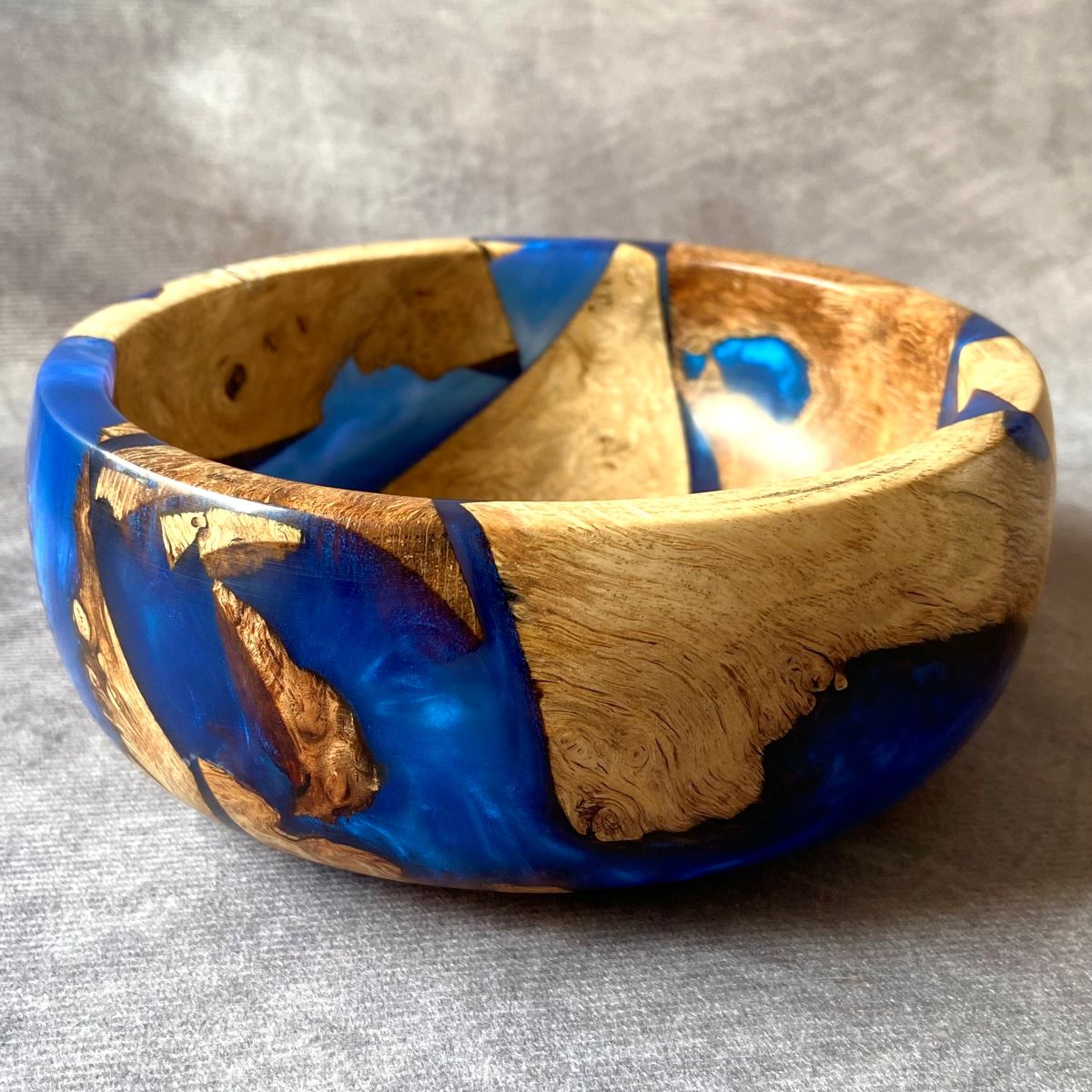 Cobalt blue bowl with mappa offcuts viewed from the front