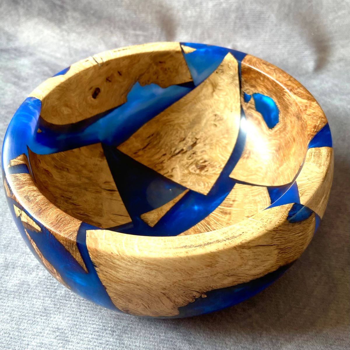 Cobalt blue bowl with mappa offcuts viewed from the top