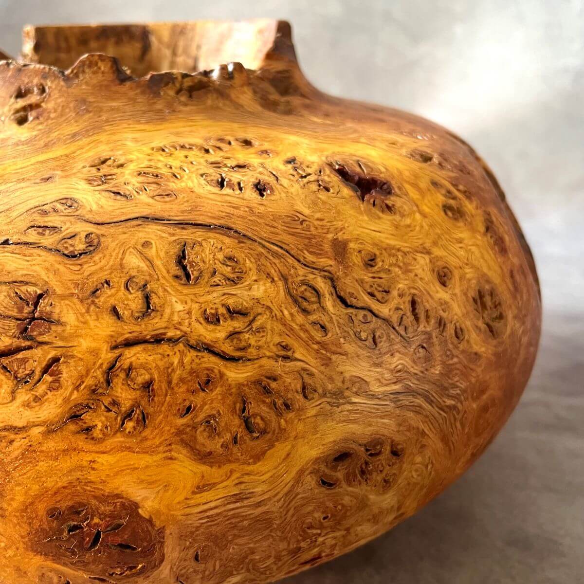 Close up detail of natural pip grain and textured opening on an English oak burr hollow form.