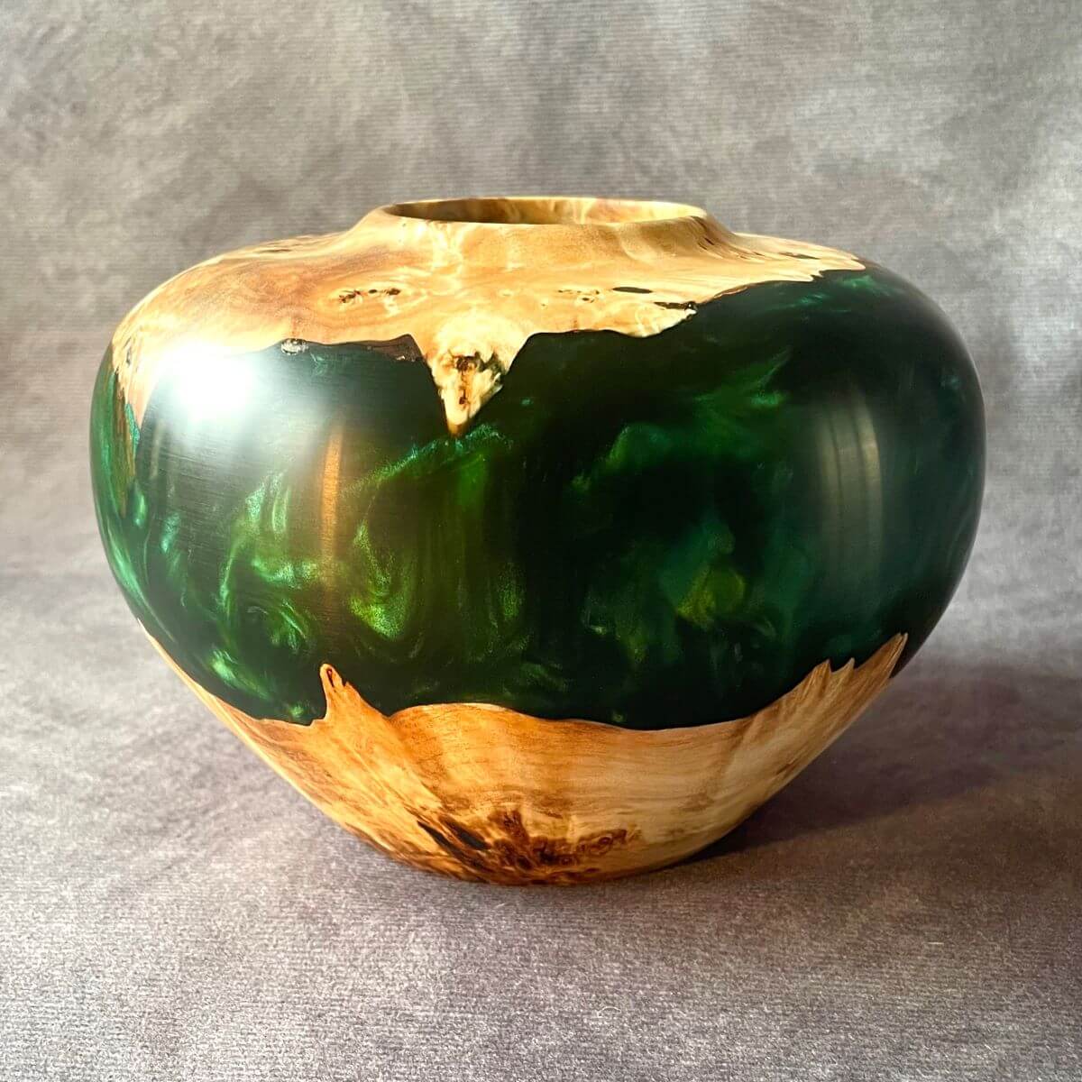 Handmade mappa burr and green resin sculptured wood 170mm front view made in the UK.