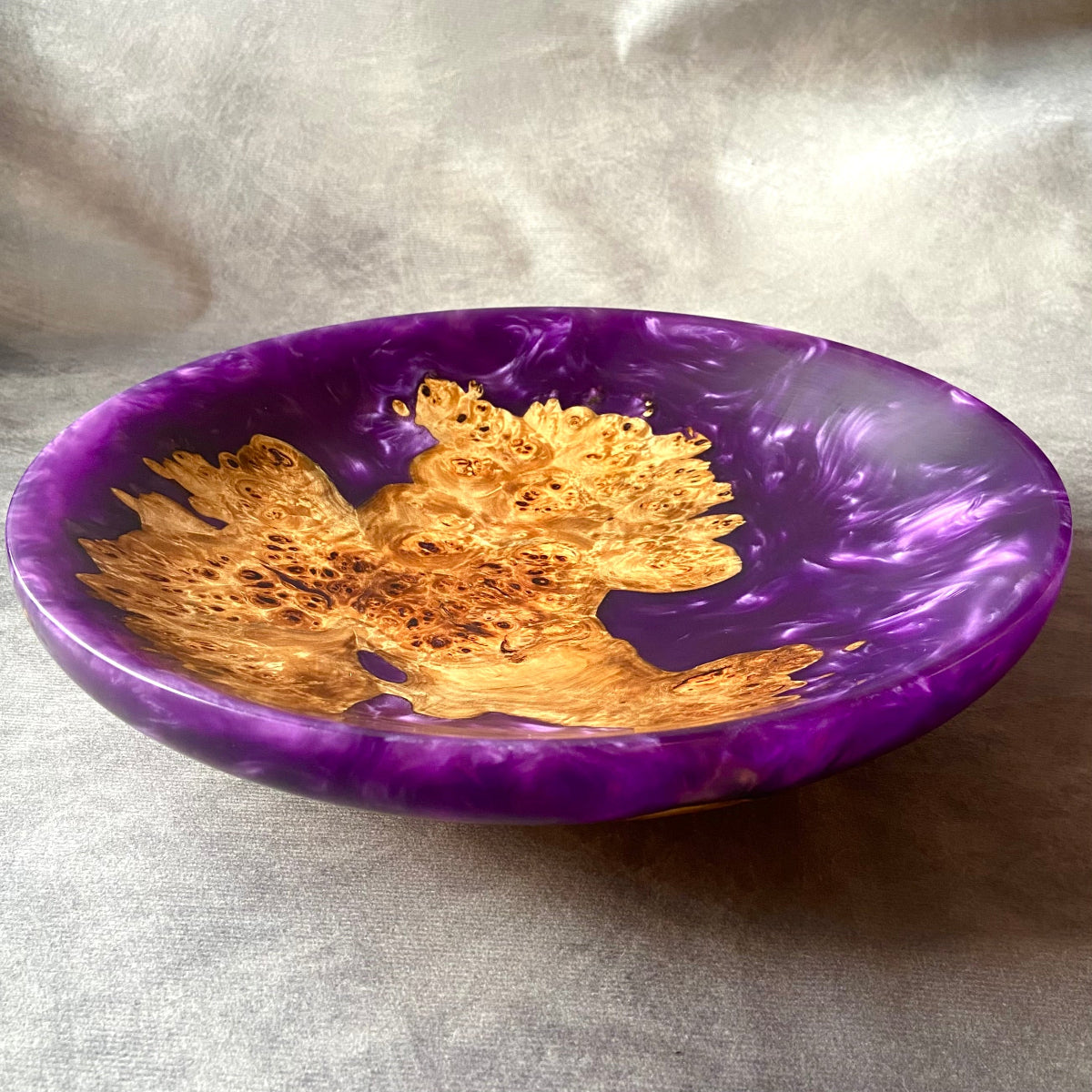 Handmade large purple resin bowl with mappa burr wood – artisan epoxy and burl centrepiece showing natural grain and swirling violet resin finish.