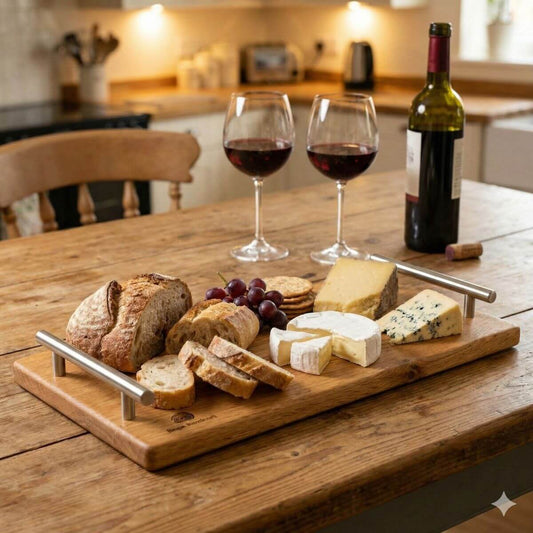 Handmade personalised wooden chopping and serving board with laser engraving UK artisan.