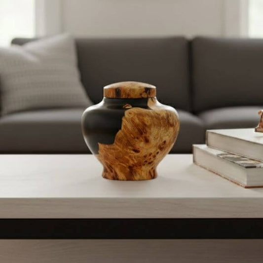 Handmade burr and resin pet urn for cat or small dog