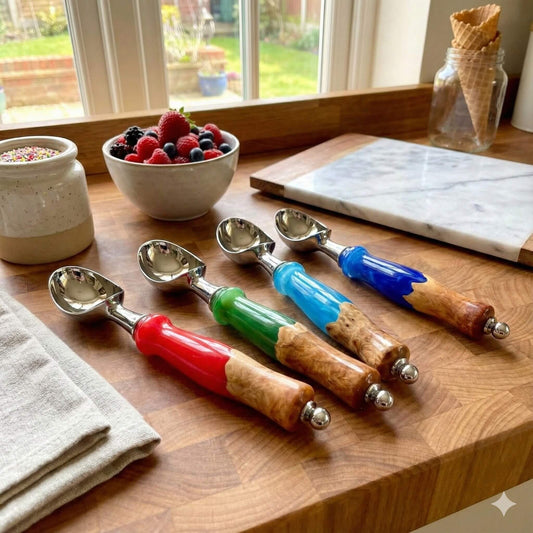 Handmade ice-cream scoop UK burr wood and resin Mother's Day gift.