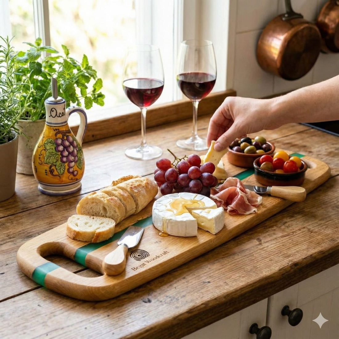 handmade oak charcuterie board with green resin river shown on kitchen worktop with meats, cheese and wine