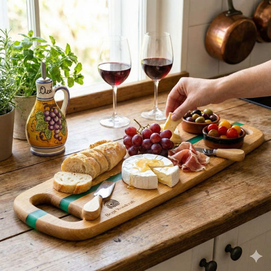 handmade oak charcuterie board with green resin river shown on kitchen worktop with meats, cheese and wine