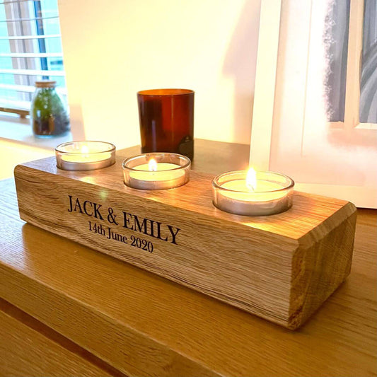 English Oak 5th wedding anniversary gift trio candle tealight holder on oak dresser