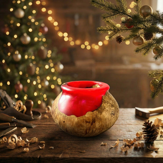 Handmade English Oak and resin art on rustic workbench with Christmas decorations and wood shavings workshop life UK.