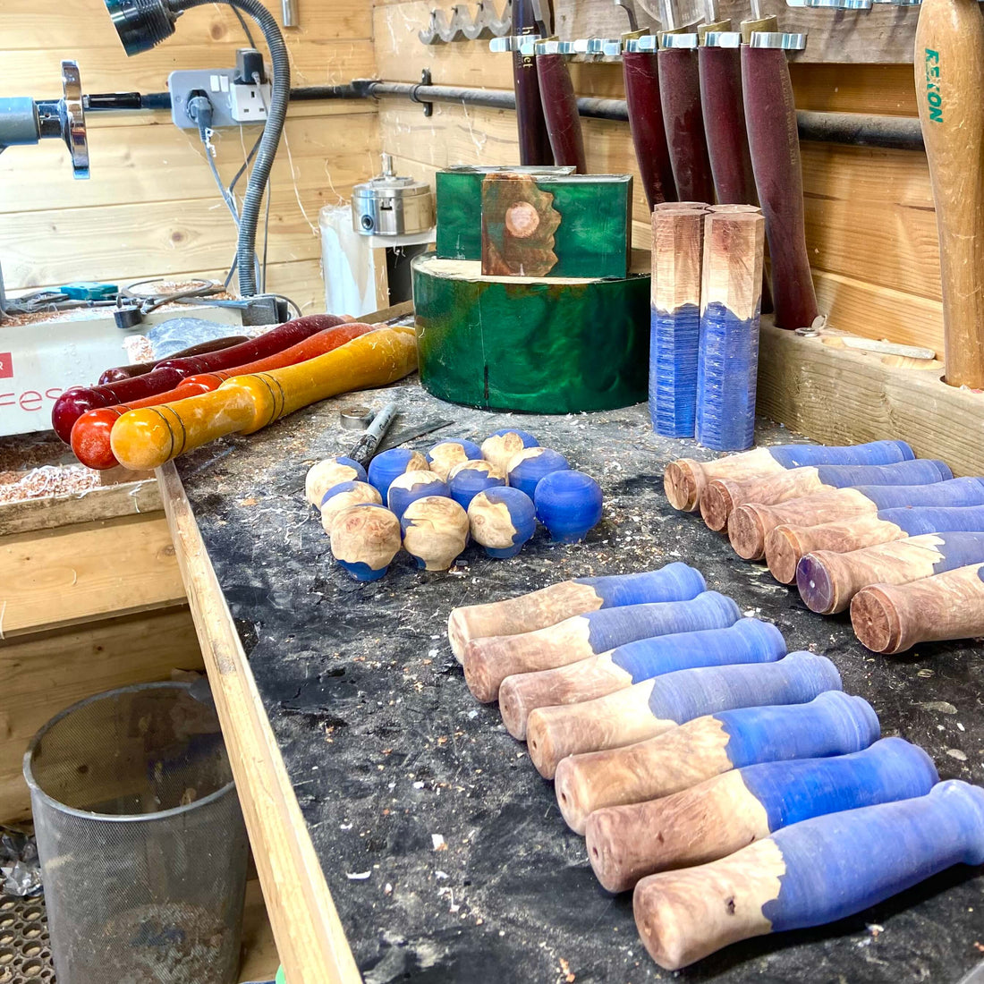 work in progress at Begat Woodcraft showing various resin blanks in pre-finished condition