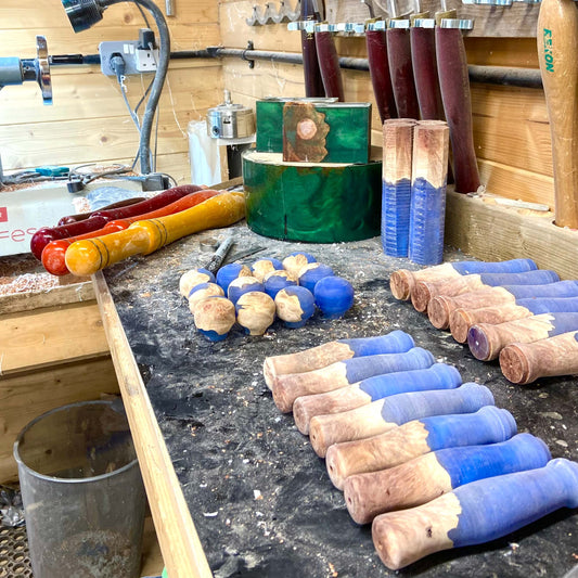 work in progress at Begat Woodcraft showing various resin blanks in pre-finished condition