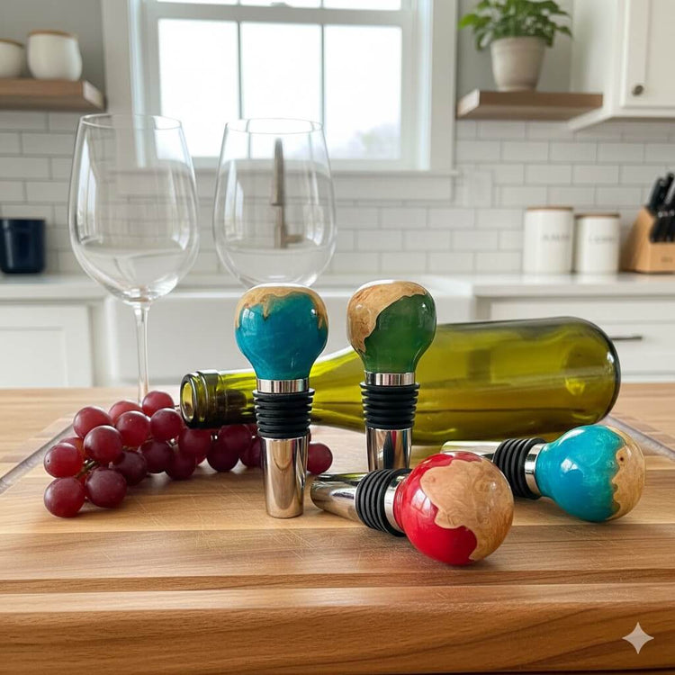 resin and burr wine stoppers on kitchen table with wine bottle