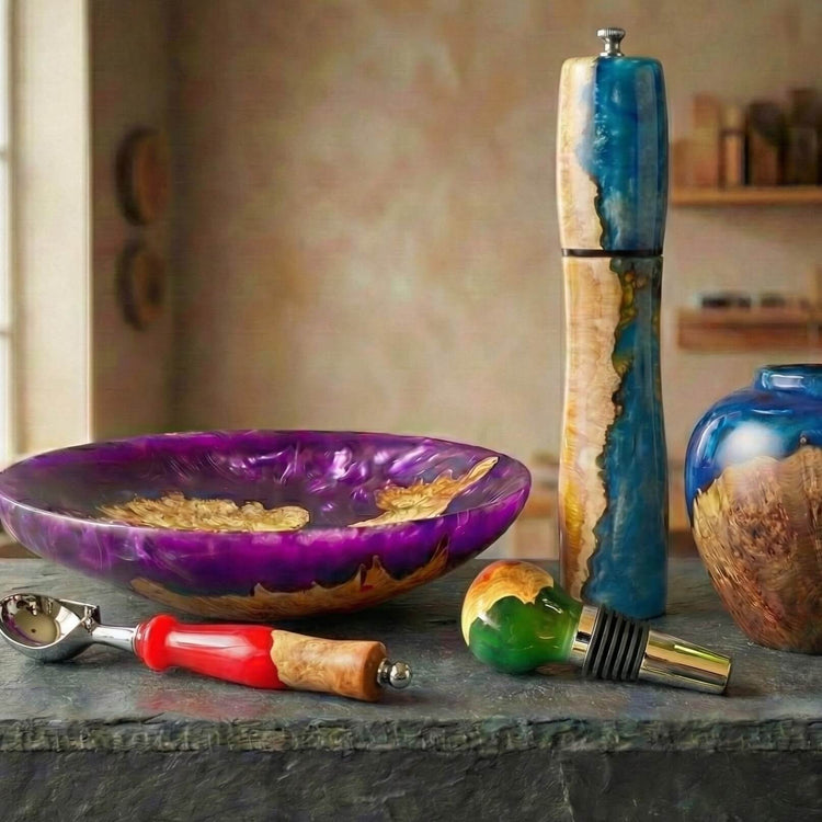 A curated collection of handmade wooden gifts and artisan woodturning by Begat Woodcraft. Featuring a variety of English Burr Oak bowls, hollow forms, and resin art kitchenware made in Yorkshire.