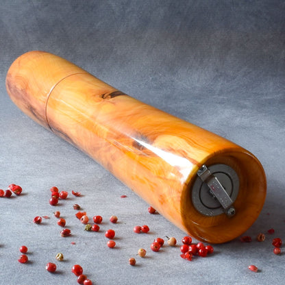 English yew pepper mill bottom view showing grinding mechanism