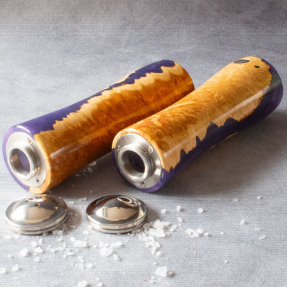 Salt & pepper shaker set in mallee burr & purple resin laid down with tops removed