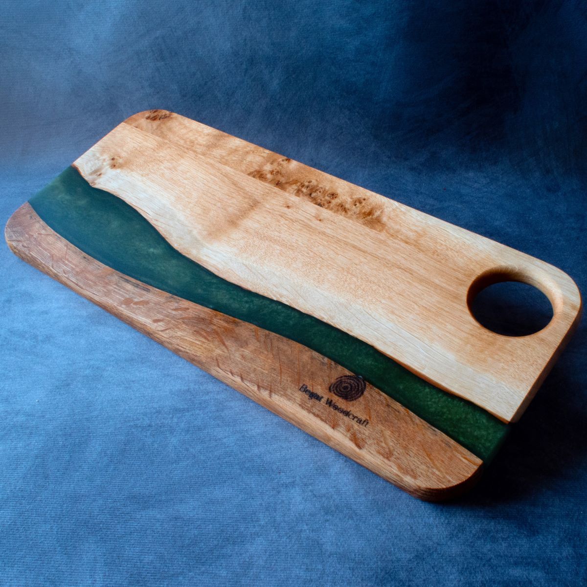 Medium charcuterie board in english oak with green resin viewed from the top