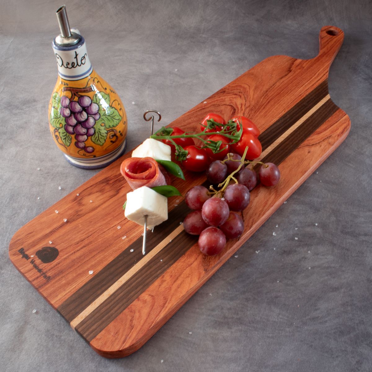 Charcuterie board with produce in African Rosewood & Walnut viewed from above