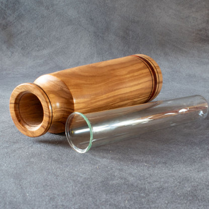 Olive wood bud vase showing glass tube removed