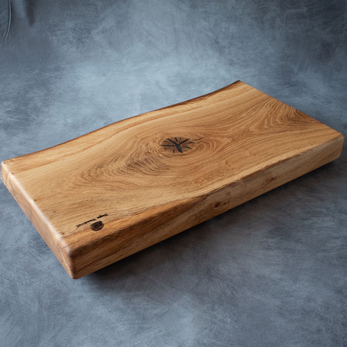 English oak live edge cutting board rear edge view