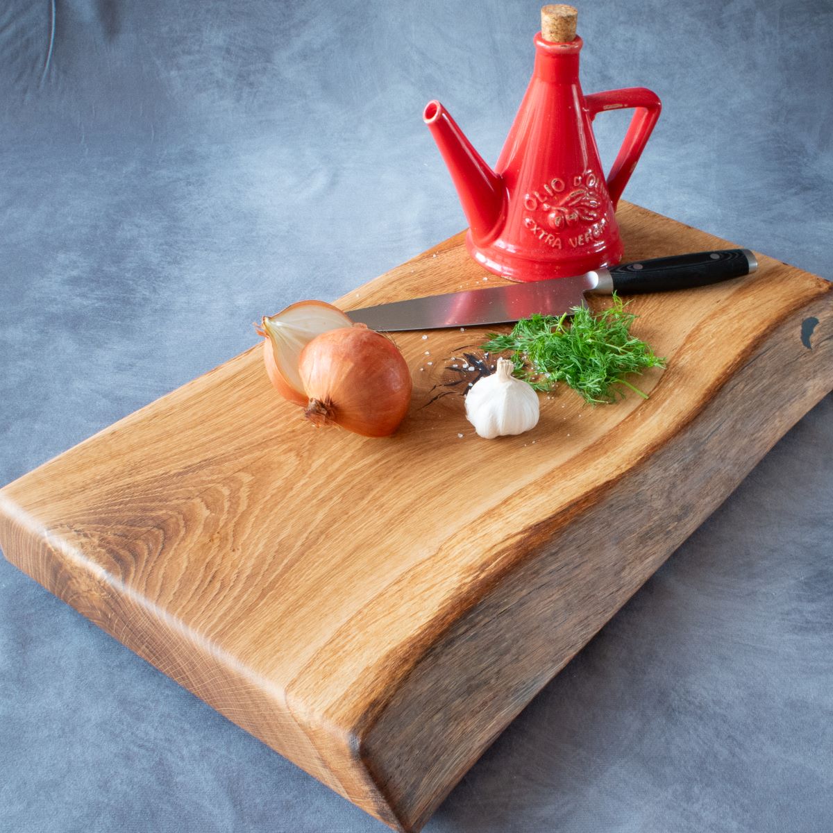 English oak live edge cutting board lifestyle view