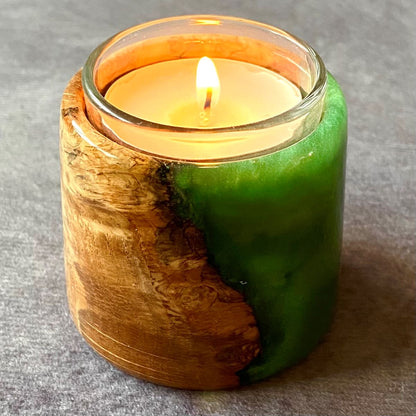 Oak burr and green resin tealight holder