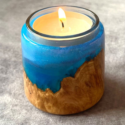 handmade blue resin and burr wood tealight holder artisan home decor uk