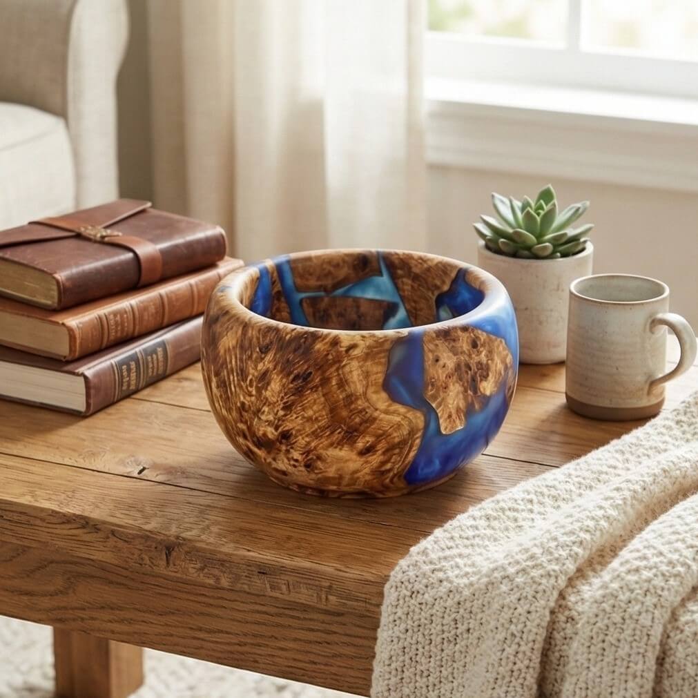 Handmade blue resin and wood bowl displayed on dining table modern rustic home decor centrepiece