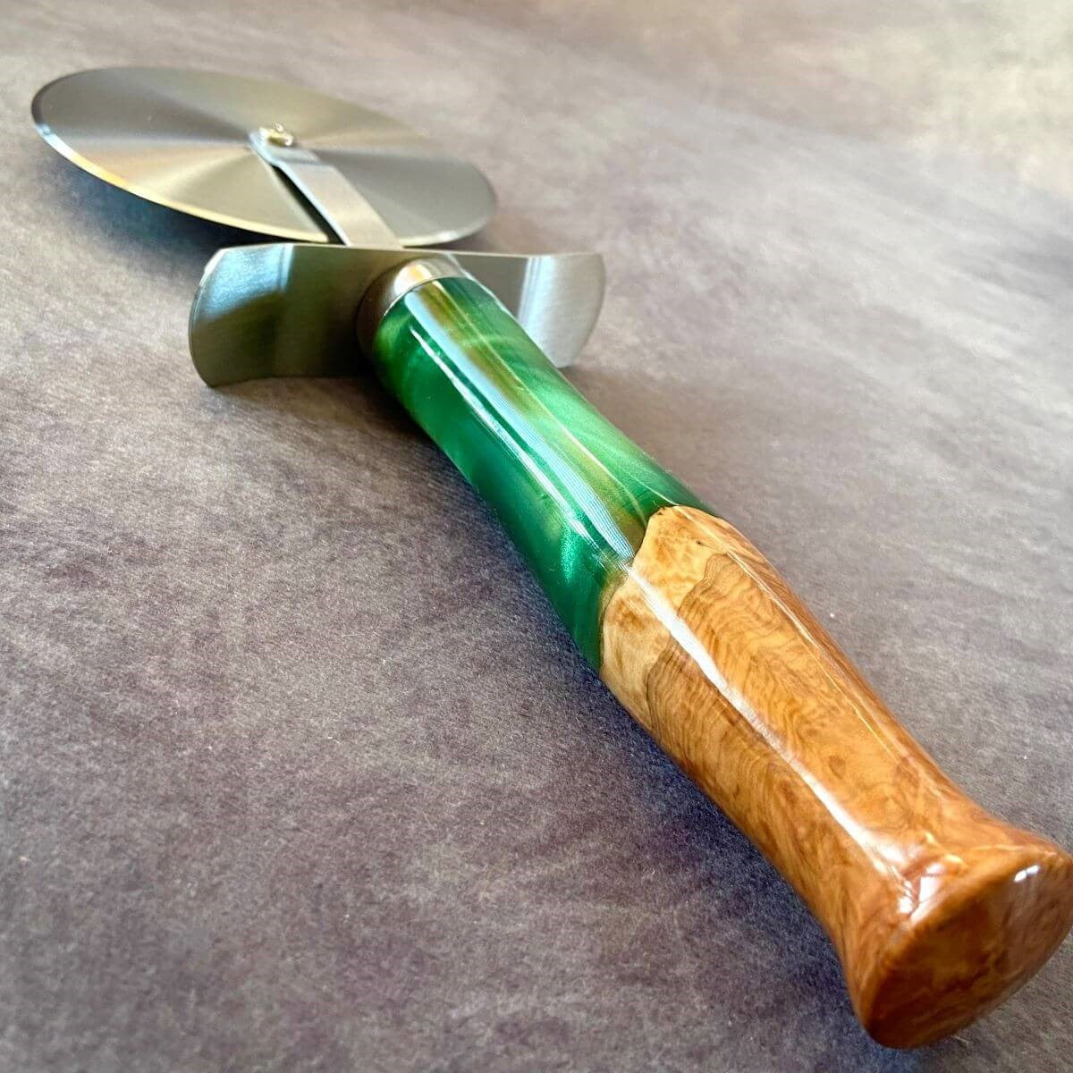 handmade green resin and burr wood pizza cutter artisan gifts uk