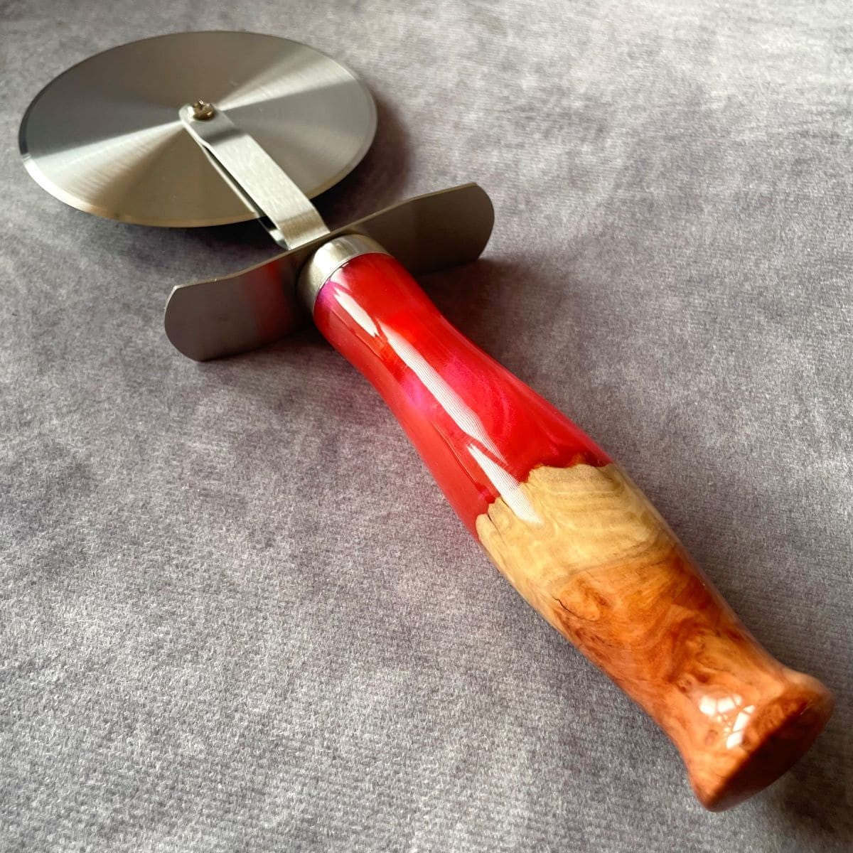 handmade red resin and burr wood pizza cutter artisan gifts uk