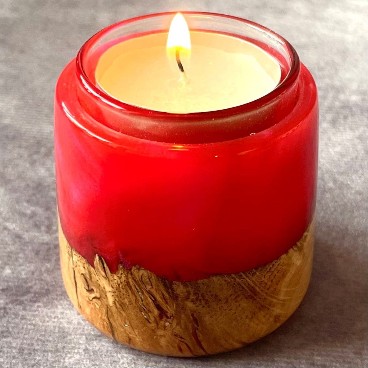 handmade red resin and burr wood tealight holder artisan home decor uk