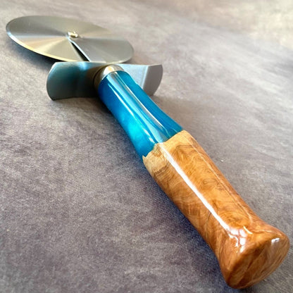 handmade turquoise resin and burr wood pizza cutter artisan gifts uk