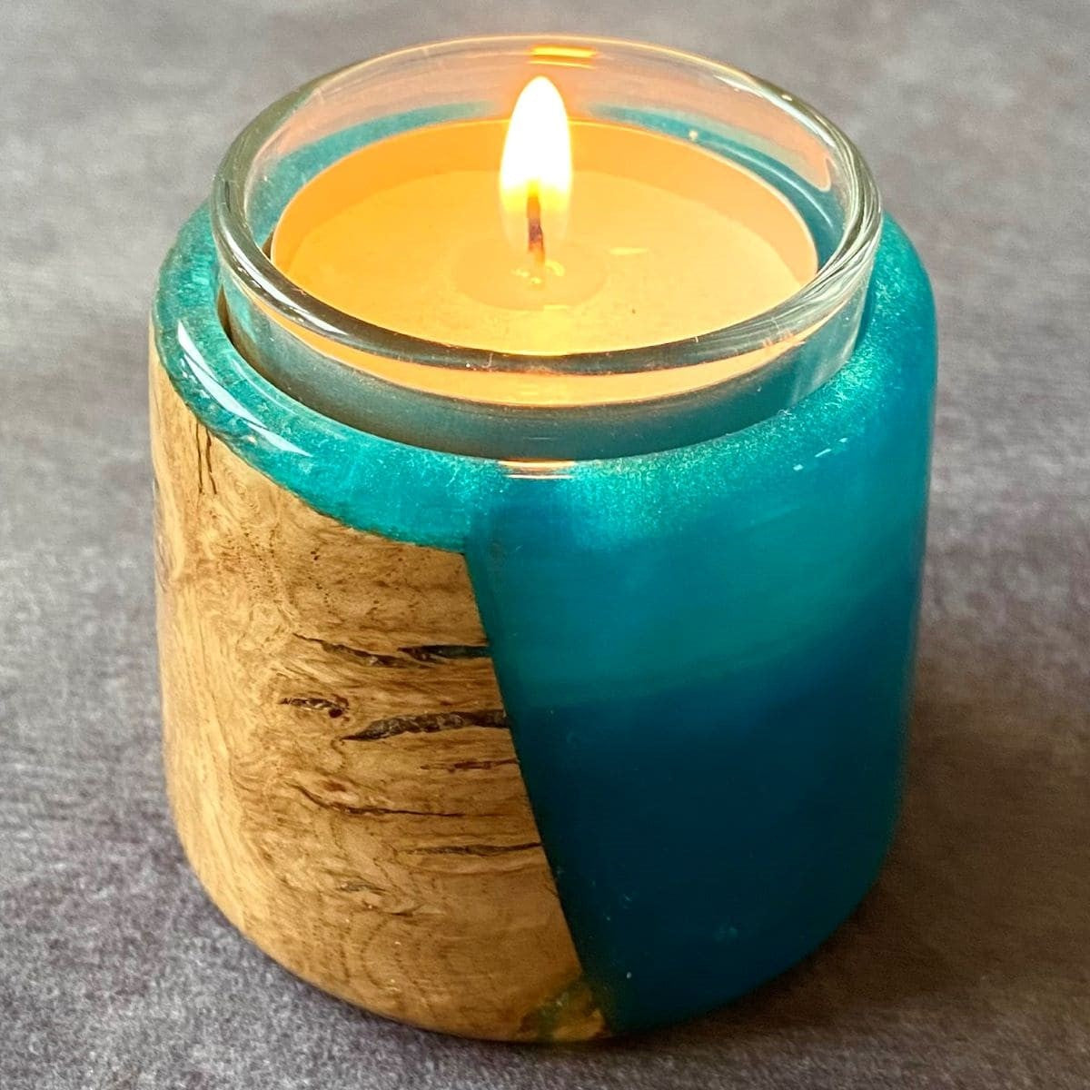 handmade turquoise resin and burr wood tealight holder artisan home decor uk