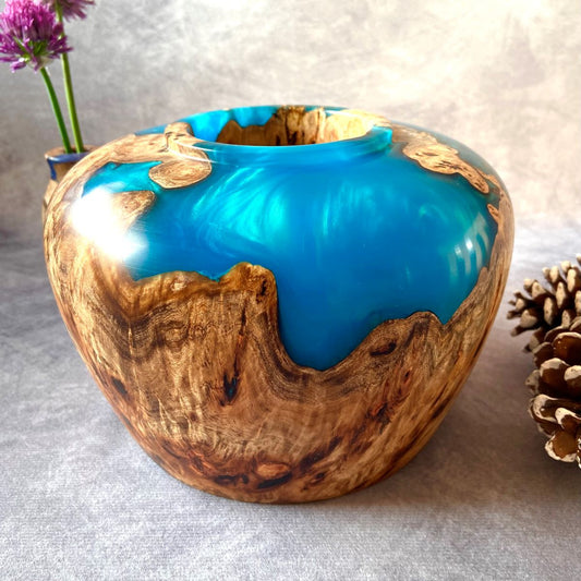 Mappa burr and turquoise resin hollow form pictured with chive flowers