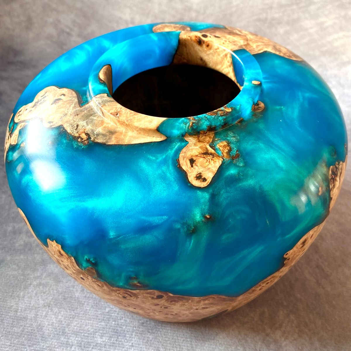 Mappa burr and turquoise resin hollow form top front view