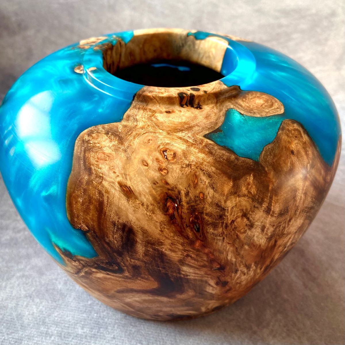 Mappa burr and turquoise resin hollow form side view