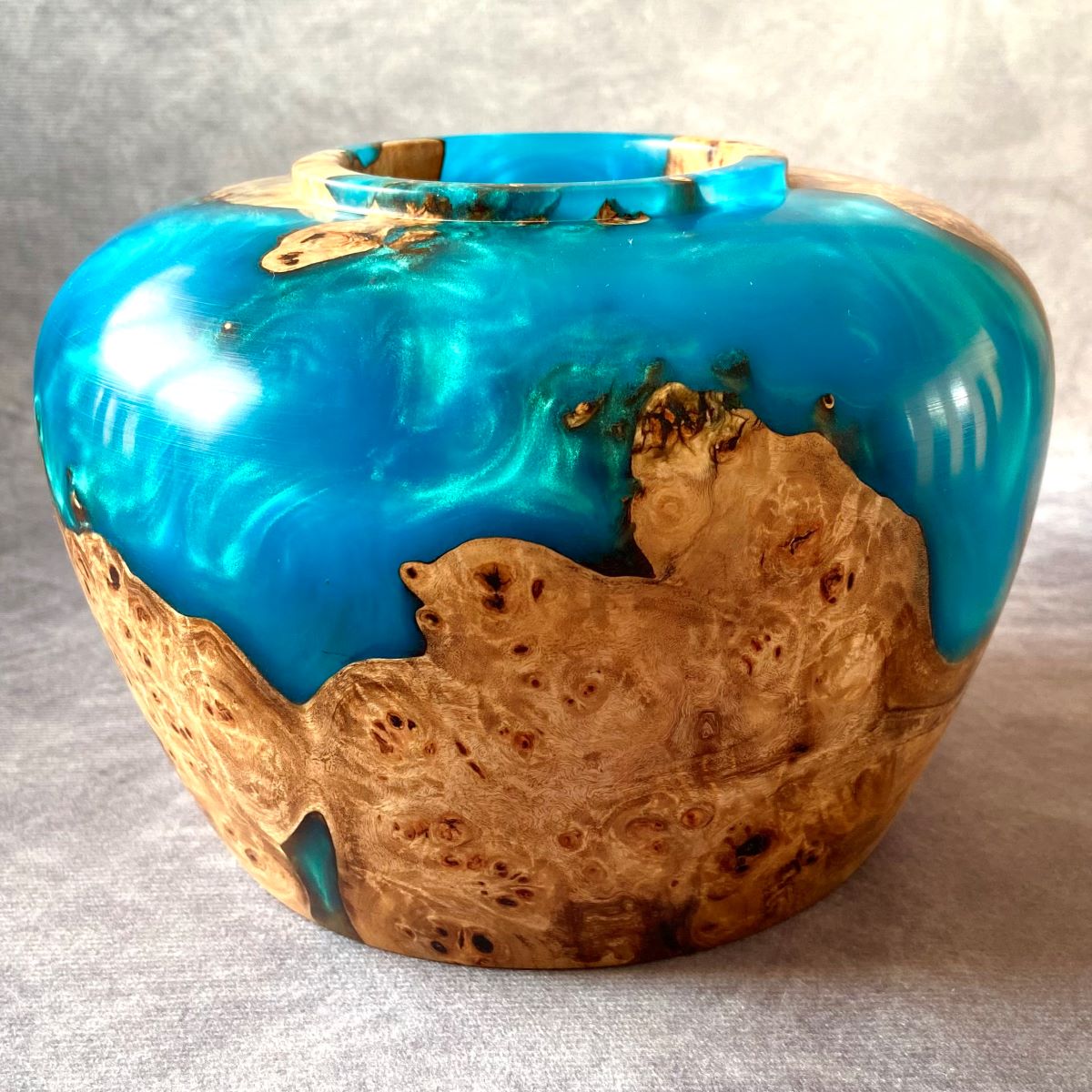 Mappa burr and turquoise resin hollow form front view