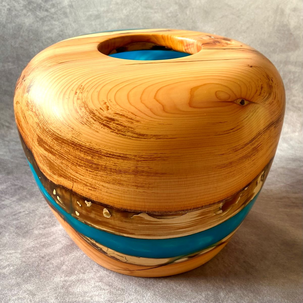 English yew and turquoise resin hollow form front view