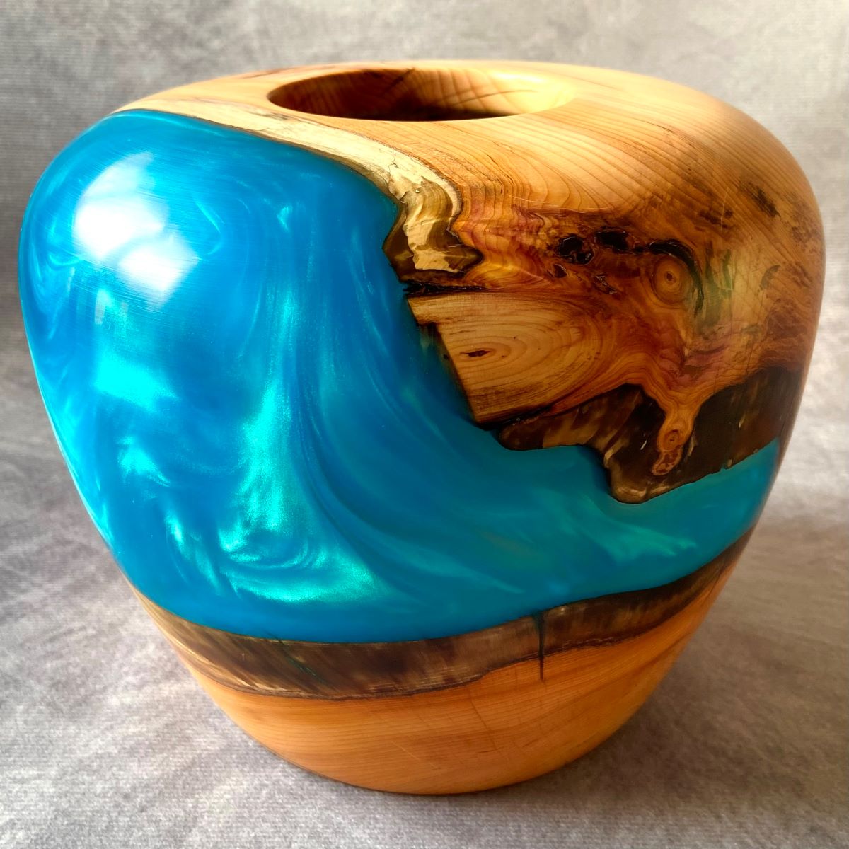 English yew and turquoise resin hollow form rear view