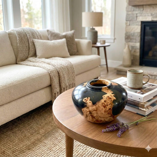 Modern rustic wood and resin sculpture displayed on living room coffee table home decor