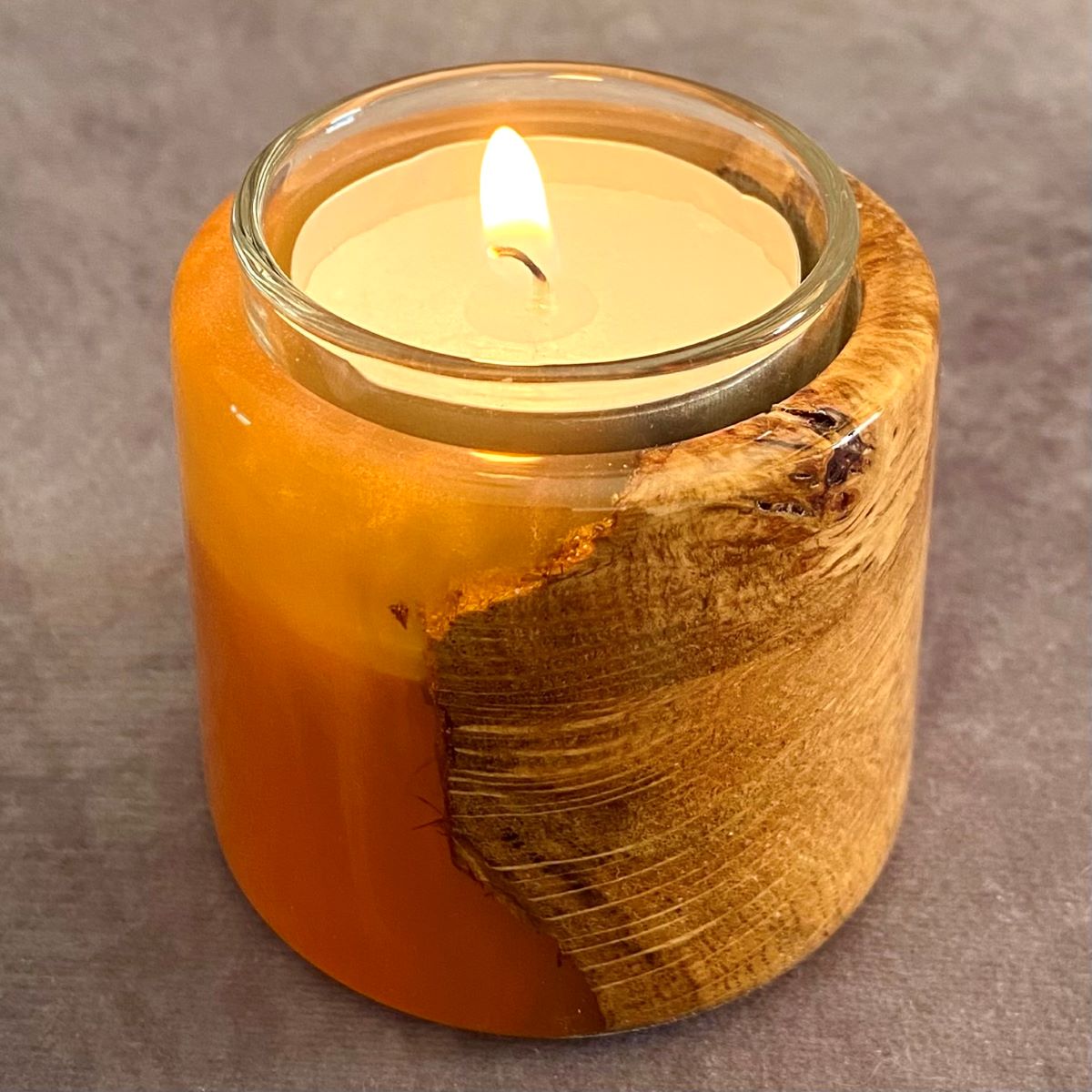 Oak burr and orange resin tealight holder