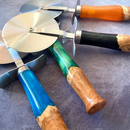 Hand Crafted Large Pizza Cutter with Mallee Burr and Resin Handle