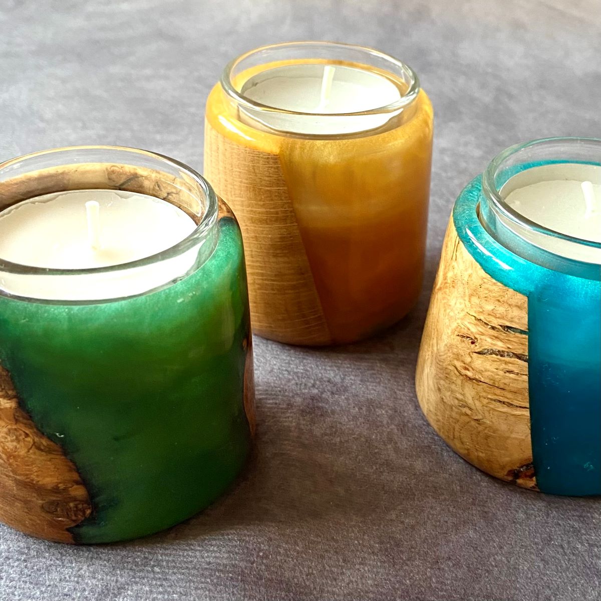 Oak burr and resin tealight holder group picture
