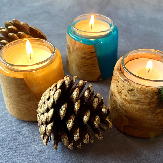 Oak burr and resin tealight holder group picture