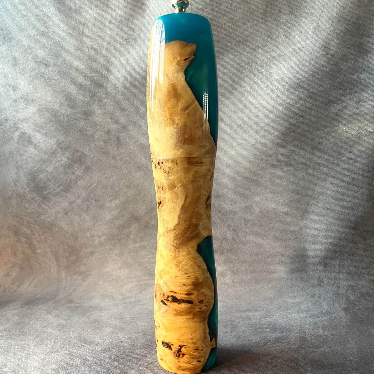 Handmade Mappa Burr and turquoise resin pepper mill 300mm front view made in Yorkshire.