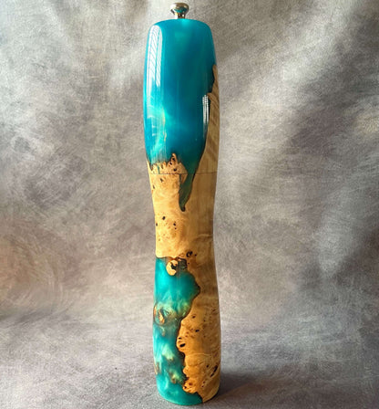 Handmade Mappa Burr and turquoise resin pepper mill 300mm rear view made in uk