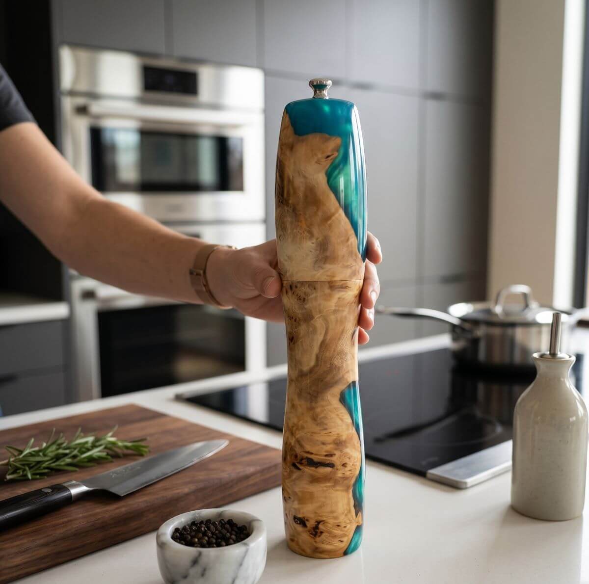 handmade unique kitchen gift pepper grinder in modern kitchen setting