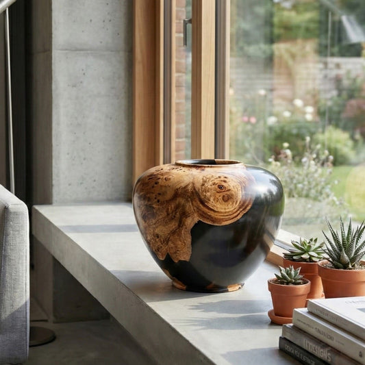 Modern black and wood sculpture displayed as statement home decor centrepiece