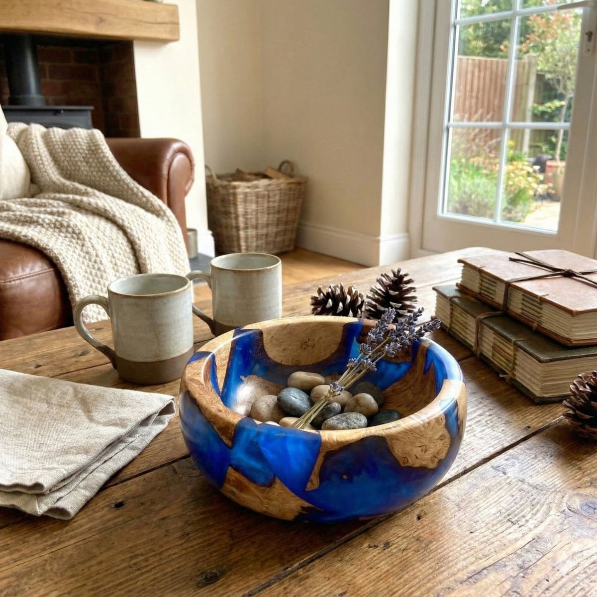 Shallow blue and wood bowl displayed as modern home decor centrepiece